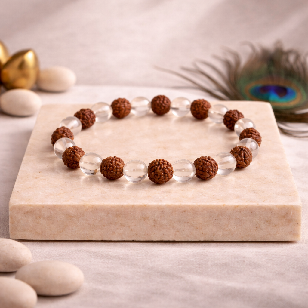 Natural Rudraksha & Clear quartz Bracelet