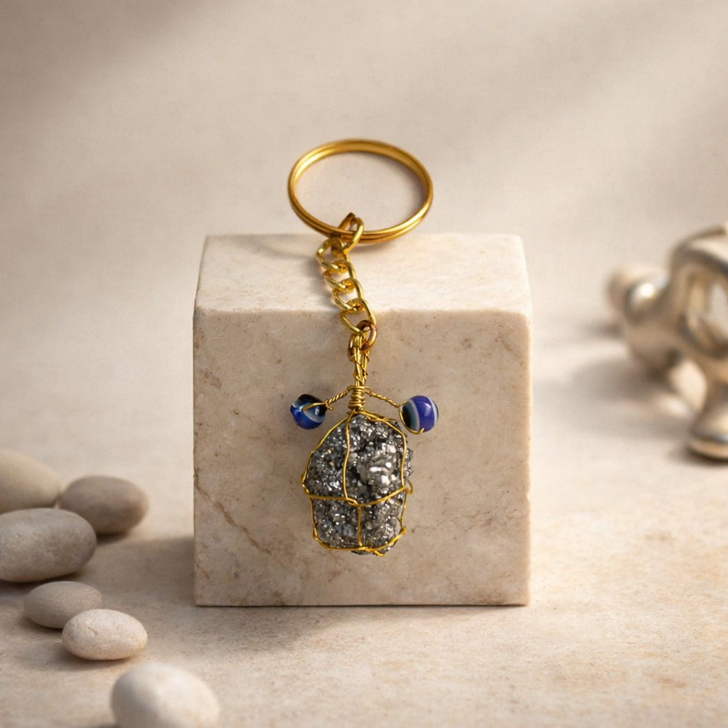 Pyrite And Evil Eye Money and Protection KeyChain